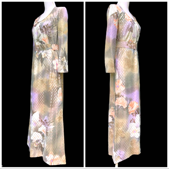 VINTAGE 70’s Belted Floral Maxi Gown Metallic Dot - Picture 8 of 15